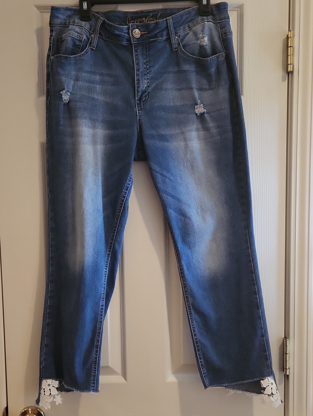 Copperflash Murray Straight Lace Hem Cropped Jeans Distressed Blue Size 12